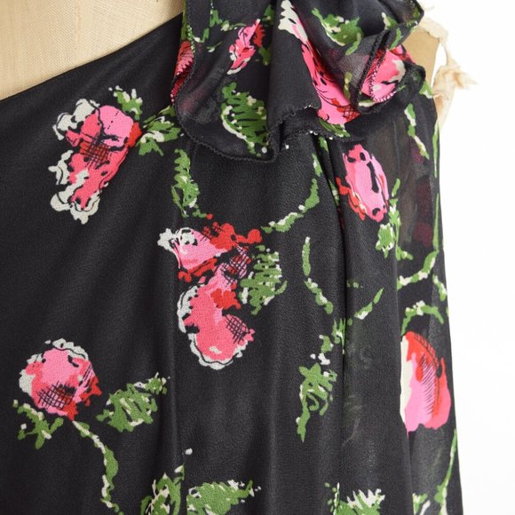 vintage 70s dress black pink one shoulder draped floral print disco mini S - Picture 4 of 7